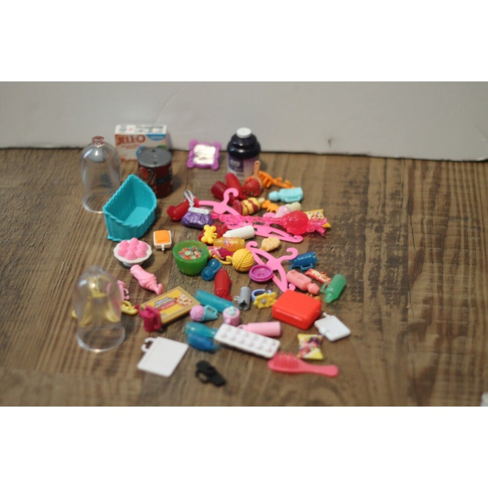 Barbie accessories lot, food, hangers, etc